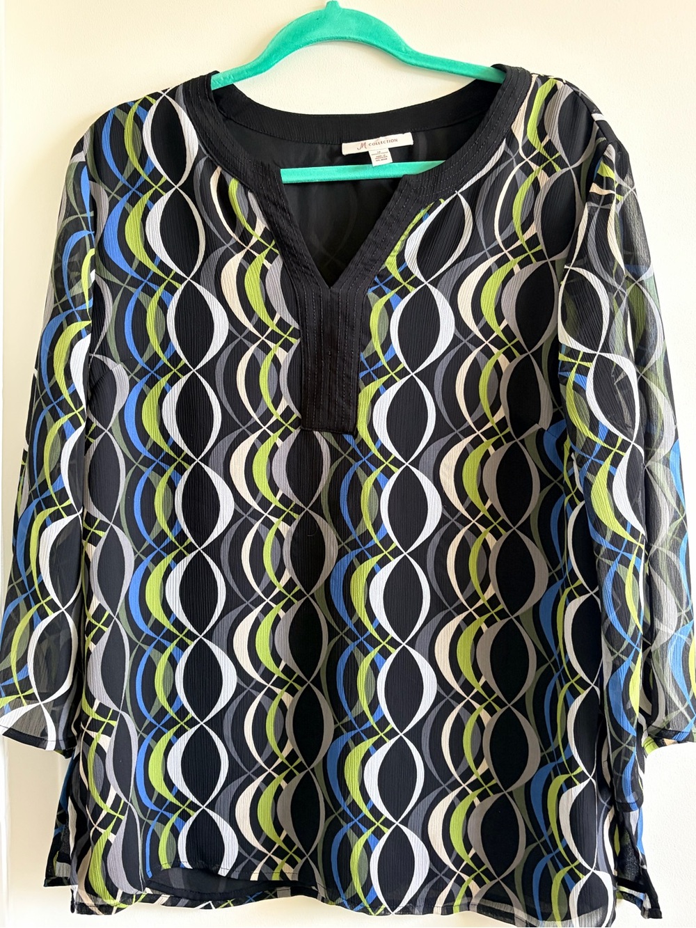 JM Collection Black Tunic with Blue, Green & White Geometric Motif
